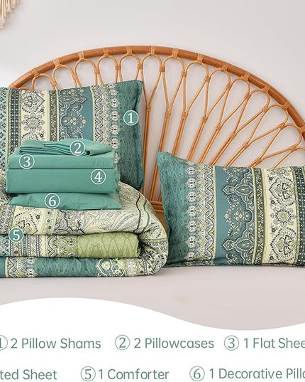 Cottolester Boho King Comforter Set 8 Pieces,Green Bohemian Comforter Paisley Striped Bed in A Bag,Soft Microfiber Bedding Set for All Season