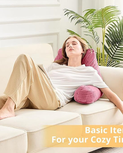 Sasttie Reading Pillow, Velvet Back Pillow for Bed Sitting Up, Adult Back-Rest Support Cushion with Arms for Sit Up on Couch, Sofa, and Floor, Dorm Essentials, Reading Accessories, Rose Pink