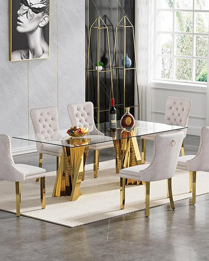 7 Piece Dining Table Set with 6 Beige Dining Chairs, Modern Glass Kitchen Table and Chairs Set for 6, 70" Rectangle Gold Glass Pedestal Dining Room Tables with Flash-Shape Stainless Steel Base