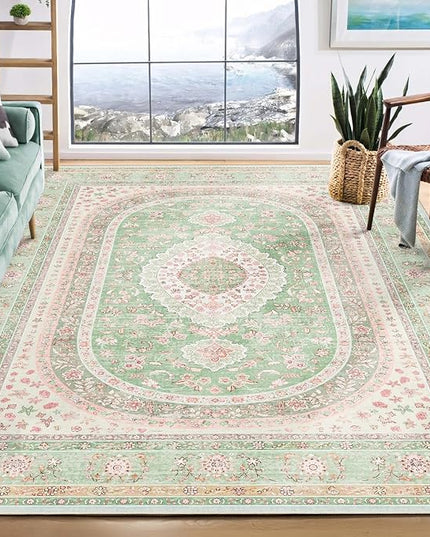 8x10 Area Rugs Washable,Green Rug for Living Room Bedroom Dining Room,Large Boho Vintage Bohemian Distressed Oriental Carpet Non Slip,Sage Blush Floral