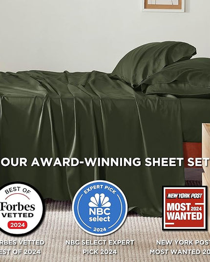 Bedsure Queen Sheet Set, Rayon Derived from Bamboo, Cooling Sheets, Breathable & Soft, Deep Pocket Up to 16 Inches, Hotel Luxury Silky Bedding for Hot Sleepers, Olive Green