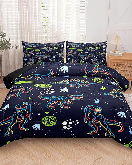 NINENINE Dark Blue Dinosaur Bedding Sets for Kids Boys,Retro Dinosaur Bedding Comforter,Full Size Bedding Sets for Boys Kids, with 1 Comforter 2 Pillowcases