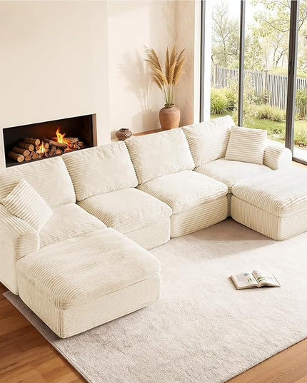138” Modular Sectional Sofa Couches U Shaped Couch 4 Seater Cloud Sofa Memory Foam Sectional Couches for Living Room, Boneless Couch with Ottoman, Corduroy, Beige