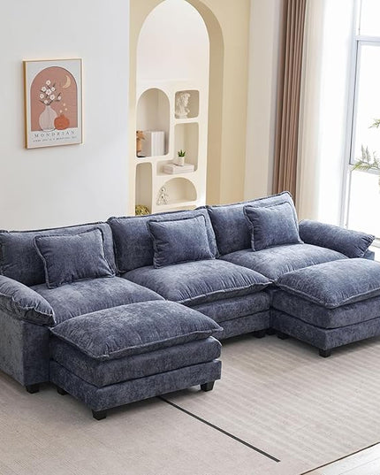120" Modular Sectional Sofa, Comfy Cloud Couch Sectional Sofa with Ottoman, Chenille Sofa Sleeper Deep Seat Sofa with Throw Pillows for Living Room (Blue, 120"- U Shape)