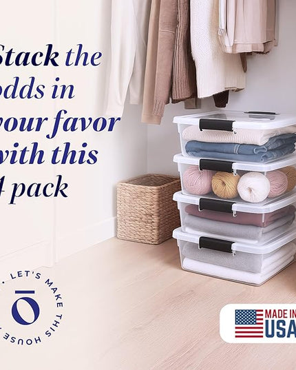 HOMZ 4-Pack Latching Lid, Clear Plastic Storage Organizer Bins, 15.5 Quart, Gray Latch - Stackable Organizing Containers for Home, Garage, and Office