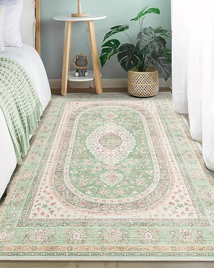 Green Rug 3x5,Washable Area Rugs for Bedroom Living Room Kitchen Entryway,Small Boho Vintage Bohemian Distressed Oriental Non Slip Carpet,Sage Blush Floral
