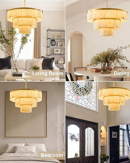 D34.3 Round Alabaster Chandelier, 3-Tier Brass Marble High Ceiling Chandeliers, Modern Dining Room Chandeliers Living Room Light for Entryways, Foyer, Stair, Kitchen Gold(Include Bulbs)