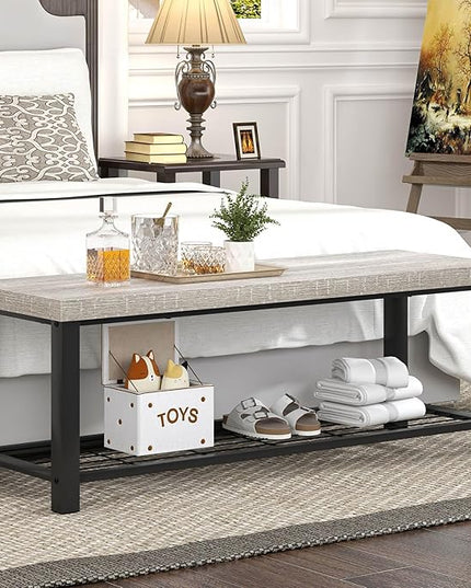 FOLUBAN Entryway Bench, Vintage Wood and Metal Storage Bench with Metal Shelf, Indoor Shoe Rack Bench Seat for Living Room, Bedroom, Hallway, Entrance, Light Grey, 47 Inch