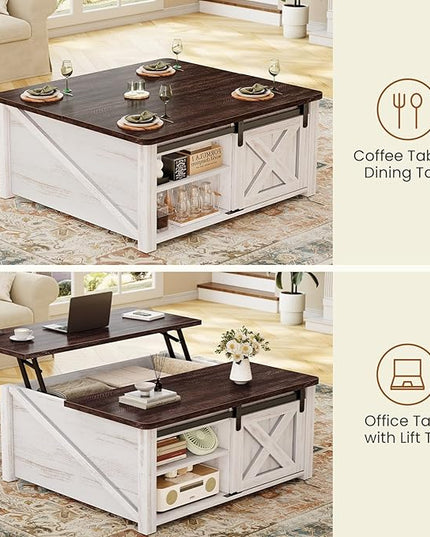 SEDETA 31.5" Lift Top Coffee Table with Storage, Square Coffee Tables for Living Room, Farmhouse Coffee Table with Large Hidden Storage Compartment and Adjustable Shelves, Vintage White