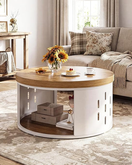 Round Coffee Table, 2-Tier Coffee Table with Open Storage Shelf, Wood Top and White Metal Frame, Modern Living Room Center Table, Light Brown