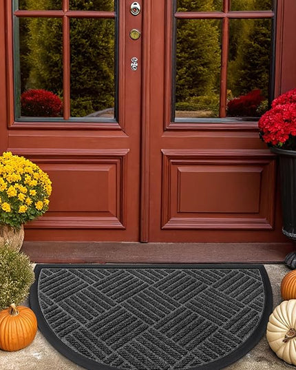 Smiry Half Circle Front Door Mat Outside Entrance, Heavy Duty Outdoor Indoor Natural Rubber Doormat, Non Slip, Trap Dirt and Moisture, Easy Clean, Low Profile Patio Porch Entryway Mat, 29.5x17, Black