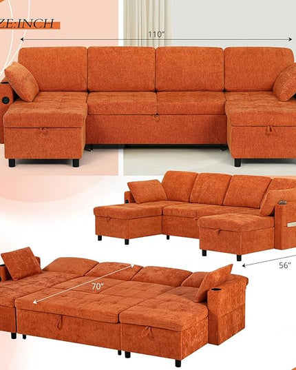 110" Sectional Pull Out Sofa Bed with Adjustable Backrests, U-Shaped Sleeper Sofa with USB Ports, Upholstered Reversible Couch with Cup Holder & Storage Space for Living Room, House, Orange