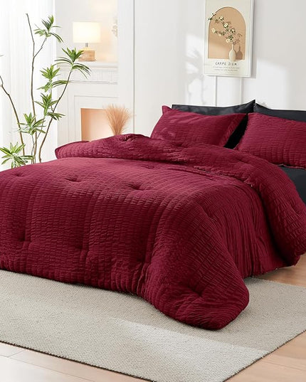 HYMOKEGE Red & Black Full Size Comforter Sets Seersucker 7 Pieces, All Season Luxury Bed in a Bag for Bedroom, Bedding Set with Comforters, Sheets, Pillowcases & Shams
