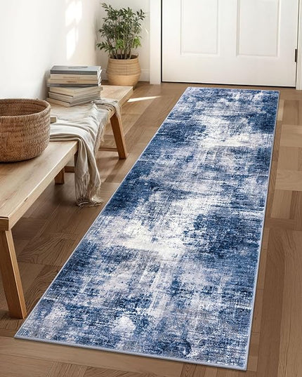 IOHOUZE Abstract Runner Rug 2x6 Ft Washable Runners for Hallways, Non Slip Kitchen Runner Printed Faux Wool Entryway Runner Indoor, Modern Abstract Floor Carpet for Hall Kitchen Bedroom, Navy/Grey