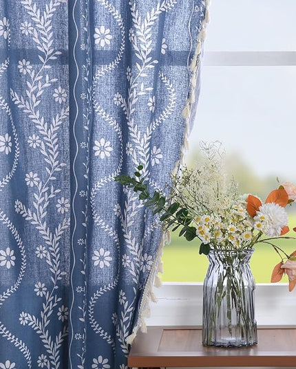 Navy Blue Western Rustic Boho Curtains 96 Inch Length, Farmhouse Linen Floral Curtains for Bedroom Living Room Vintage Printed Patterned Long Curtain Drapes