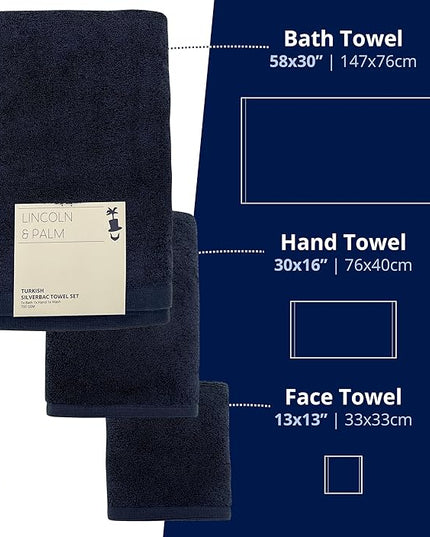 Lincoln & Palm 3 Piece Turkish Towels Set, Thick, Soft, Plush 700 GSM Spa & Hotel Quality, Silver Infused SILVERbac | Bath 58x30, Hand 30x16, Face Wash Cloth 13x13 (Navy, 3 Piece Towel Set)