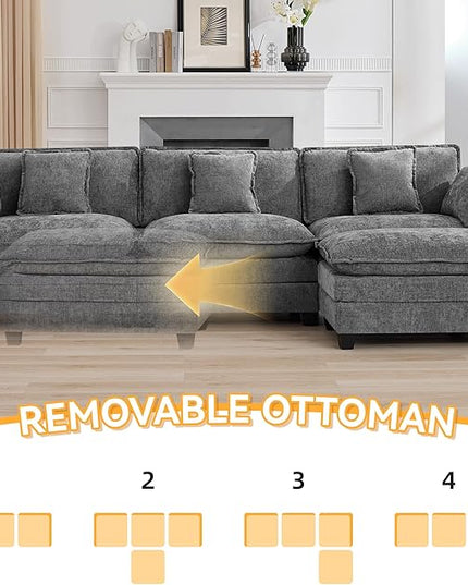 111'' Sectional Cloud Deep Seat Couch, Modern Comfy Chenille L Shaped Sectional Sofa for Living Room Set, Upholstered Modular 4-Seats Sofa Couch with 1 Movable Ottoman, Grey