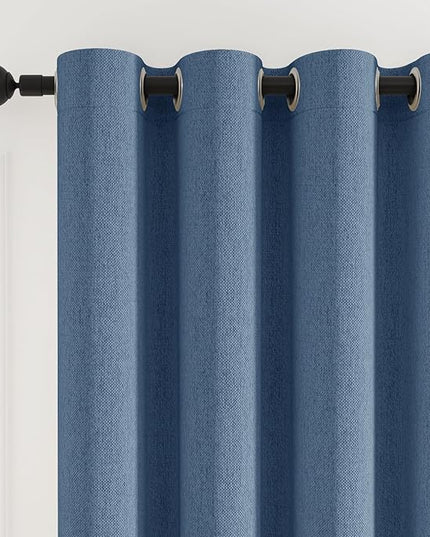 100% Blackout Curtains 102 inch Length 2 Panels for Living Room, Linen-Look Textured Room Darkening Thermal Insulated Soundproof Farmhouse Drapes for Bedroom (W52xL102, Blue)