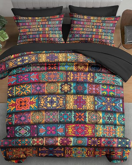 Comforter Set King Size, Colorful Vintage Floral 7 Pcs Bedding for Kids and Adults, Mandala Bohemian Flower Bed Sheet Sets with Fitted Sheet 2 Pillowcases & 2 Shams for Bedroom Bed Decor