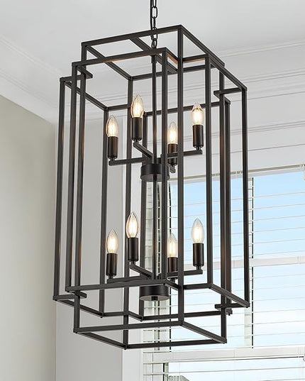 8-Light Lantern Tiered Pendant Light Fixtures, Black Metal Farmhouse Chandelier Hall Foyer Hanging Chandelier for Kitchen Island Dining Room Living Room Foyer Entryway, Black