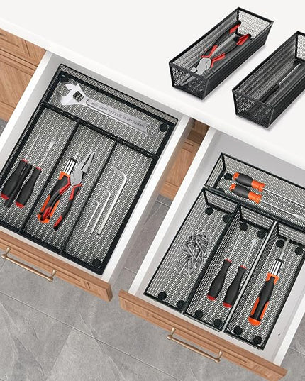 Neudeco Drawer Organizer Set 5 Pack - 4-Compartment Silverware Organizer Tray + 4 Utensil Trays, Kitchen Drawer Organizer for Flatware, Cutlery, Office Supplies, Black Mesh, Non-Slip.