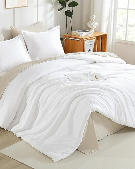 Litanika White Comforters Oversized Queen Size, 3 Pieces Lightweight Solid Bedding Comforter Set, All Season Fluffy Bed Set (98x98In Comforter & 2 Pillowcases)
