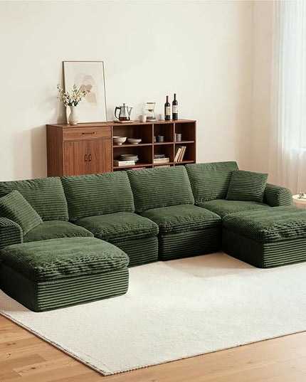 138” Modular Sectional Sofa Couches U Shaped Couch 4 Seater Cloud Sofa Memory Foam Sectional Couches for Living Room, Boneless Couch with Ottoman, Corduroy, Green