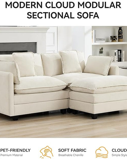 76'' Cloud Deep Seat Loveseat Sofa, Upholstered Chenille Modular 3-Seats Sectional Sofa Couch with Movable Ottoman, Modern Comfy Settee Loveseat for Living Room Set, Small Apartment, Beige