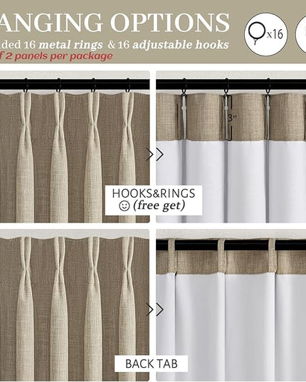 Blackout Pinch Pleated Living Room Curtains 84 Inches Long 2 Panels Set, Memory Trained Oak Taupe Dual Layer Thick Linen Thermal Sound Dampening Neutral Windows Drapes for Dining Room 7 FT Length