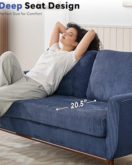 Tbfit Corduroy Couch for Living Room, Mid Century Modern Sofa with Spring Cusions for Bedroom,Comfy Upholstered Couches Easy Assembly with Solid Wood Legs & 2 Pillows (Blue, 65inch)