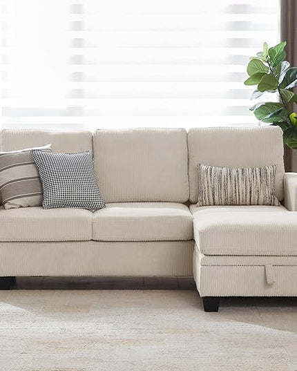 CHIC HOUSE Corduroy Modular Sectional Couch with Ottoman Chaise, L/U Shaped Sleeper Sofa for Living Room, Apartment, Lounge, Modern Armrest Neck Support Furniture (4 Seater Sectional, Beige)
