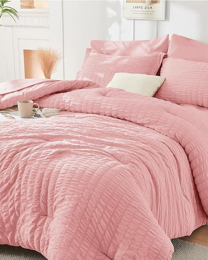 HYMOKEGE Rose Pink Queen Comforter Set Seersucker 7 Pieces, All Season Luxury Bed in a Bag Queen for Bedroom, Bedding Set with Comforter, Sheets, Pillowcases & Shams