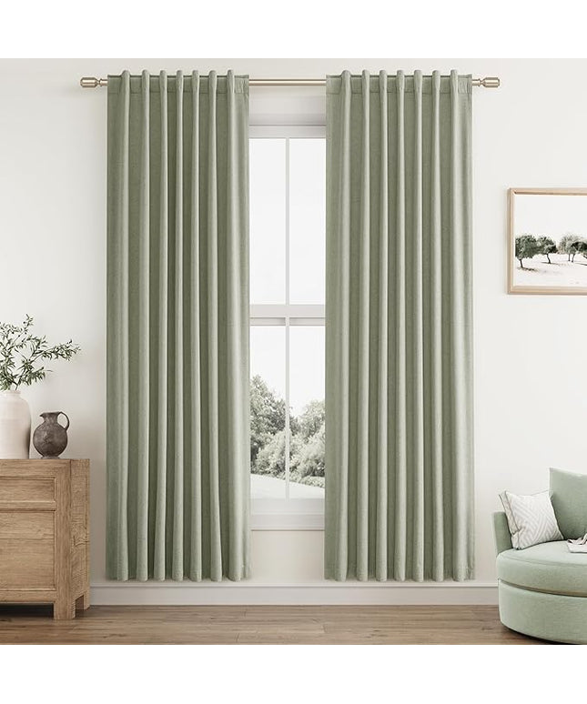 Sage Green Linen Blackout Curtains 78 Inch Length 2 Panels Set for Living Room Bedroom Back Tab Thermal Insulated 100% Black Out Linen Drapes Room Darkening Window Curtains 78 Inches Long