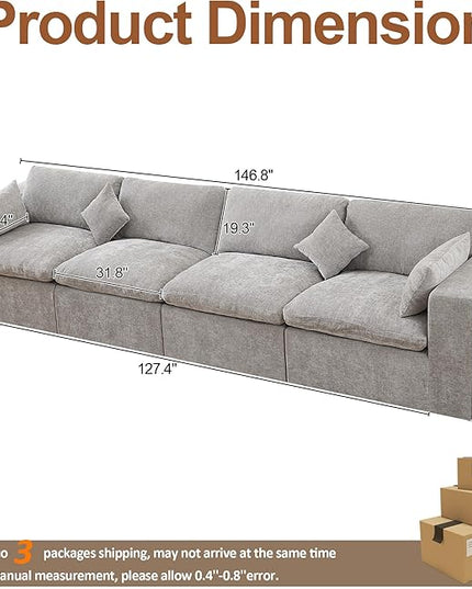 155''Cloud Boneless Sectional Couch, Modular Sectional Sofa Deep Seat, Oversized Upholstered Convertible Comfy 4 Seater Chenille Memory Foam Sofa Couches for Living Room, Light Grey