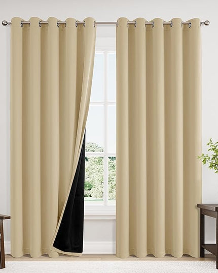 ChrisDowa 100% Blackout Curtains 84 inch Long for Bedroom with Black Liner, Extra Wide 2 Thick Layers Total Blackout Thermal Insulated Grommet Window Curtains 2 Panels Set (Beige, 60 x 84 Inch)