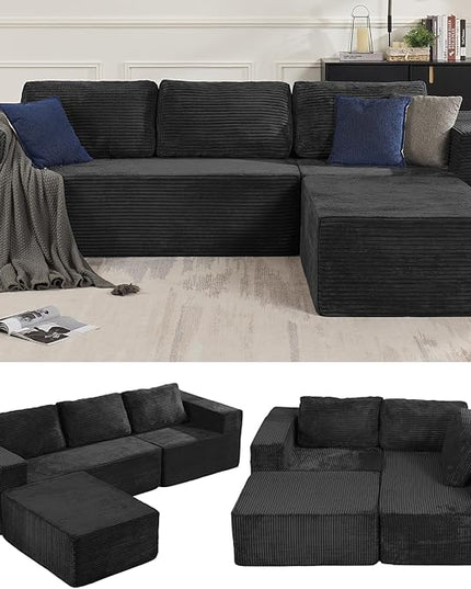 106" Modular Sectional Sofa with L-Shape Chaise, Right/Left Facing Deep Seat Cloud Couch, No Assembly Required, Upholstered Couch for Living Room Bedroom (Plush Corduroy Fabric, Black)