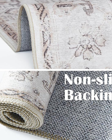 jinchan Lima 5x7 Machine Washable Area Rugs - Vintage Floral Stain Resistant Low Pile Ultra-Thin Non Slip Accent Rug for Bedroom Living Room Kitchen Dining Room Entryway (5x7ft, Taupe)