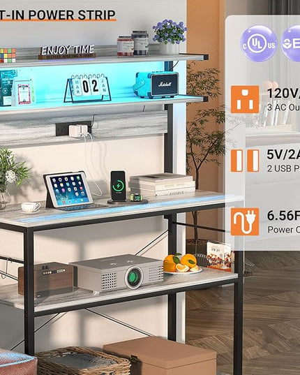 Aheaplus Bakers Rack with Power Outlet, Microwave Stand, 5 Tiers Coffee Bar Station with Led Lights, Kitchen Storage Shelf with 6 S-Shaped Hooks, Kitchen Rack Coffee Bar Stand, White Oak