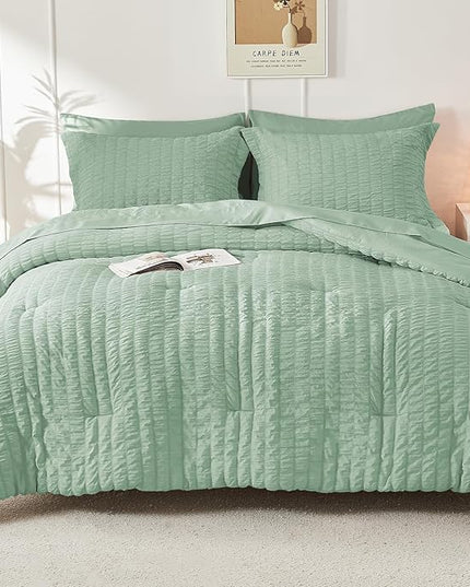 HYMOKEGE Sage Green King Size Comforter Set Seersucker 7 Pieces, All Season Luxury Bed in a Bag for Bedroom, Bedding Set with Comforters, Sheets, Pillowcases & Shams