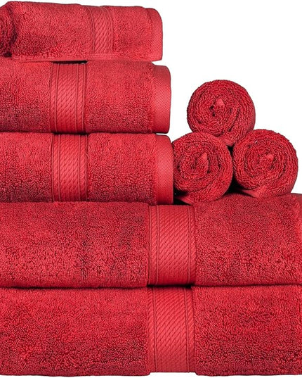 Superior Egyptian Cotton Pile 8 Piece Towel Set, Includes 2 Bath, 2 Hand, 4 Face Towels/Washcloths, Ultra Soft Luxury Towels, Thick Plush Essentials, Guest Bath, Spa, Hotel Bathroom, Red