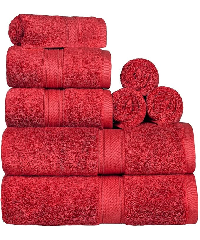 Superior Egyptian Cotton Pile 8 Piece Towel Set, Includes 2 Bath, 2 Hand, 4 Face Towels/Washcloths, Ultra Soft Luxury Towels, Thick Plush Essentials, Guest Bath, Spa, Hotel Bathroom, Red