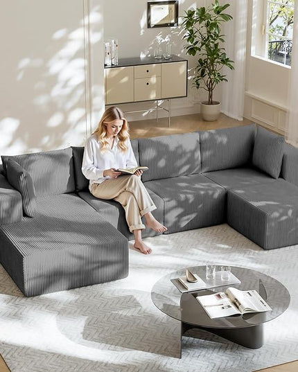 138" Boneless Couches for Living Room, Modular Cloud Couch Sofa - 5 Pieces U Shap Corduroy Sectional Sofa, Fluffy Memory Foam Sleeper Sofa Furniture, No Assembly, Wide Armrest, Grey