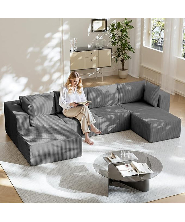 138" Boneless Couches for Living Room, Modular Cloud Couch Sofa - 5 Pieces U Shap Corduroy Sectional Sofa, Fluffy Memory Foam Sleeper Sofa Furniture, No Assembly, Wide Armrest, Grey