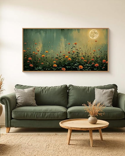 HOURIA Mystical Midnight Wildflower Framed Canvas Wall Art Set,Moonlit Orange Floral Wall Decor,Nature Inspired Landscape Artwork,Watercolor Art Prints for Living Room,Bedroom,Farmhouse- 20"×40"×1