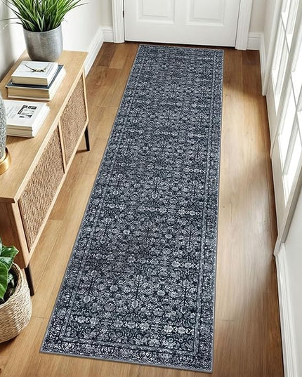 2x8 Washable Runner Rug for Hallways, Black Soft Classic Kitchen Rugs with Non-Slip, Non-Shedding Distressed Floral Carpet for Hallways Entryway Bedroom Bathroom Laundry Indoor