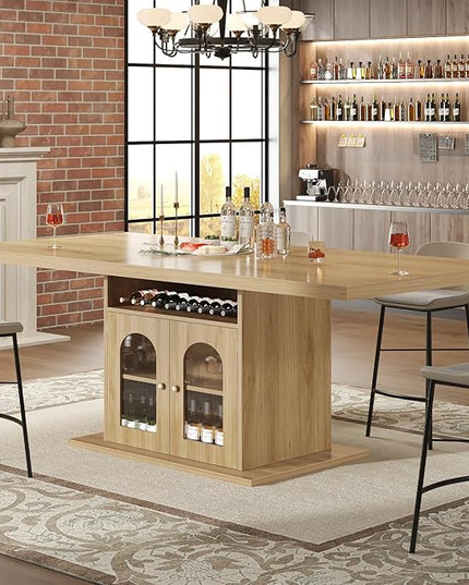 HSH Dining Table for 4–6, 63 Inch Wood Farmhouse Kitchen Table with 3-Tier Storage Shelf and Acrylic Door Cabinet, Rectangular Modern Dining Room Dinner Table for Apartment Home Small Space, Light Oak