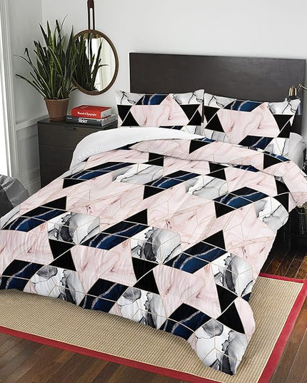 AILONEN Geometric Bedding Set Queen Size Comforter Set for Boys Girls, Pink Blue Grey Smoky Metallic Marble Gold Border Art Print Quilt Set Soft Breathable 3 Pieces,1 Comforter and 2 Pillowcases