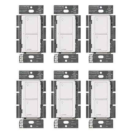 Lutron Caseta Original Smart Light Switch (Lutron Smart Hub Required), for Home, LED Lights, and Fans, 6 Amp, Single-Pole/3-Way, Neutral Required, PD-6ANS-WH-6-Pack, White, 6 Pack