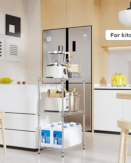 3 Tiers Shelf Metal Storage Shelves Wire Rack Closet Organizers with Wheel for Garage Kitchen Bathroom Laundry Chrome 11.8" D x 17.7" W x 28.8" H