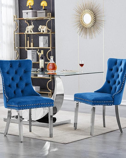 7 Piece Dining Table Set, Modern Glass Dining Table Set for 6, 70" Luxury Glass Table w/Silver Stainless Steel Base & 6 Blue Tufted Chairs, Kitchen Dining Room Sets for 6 for Breakfast Dinner Dinette